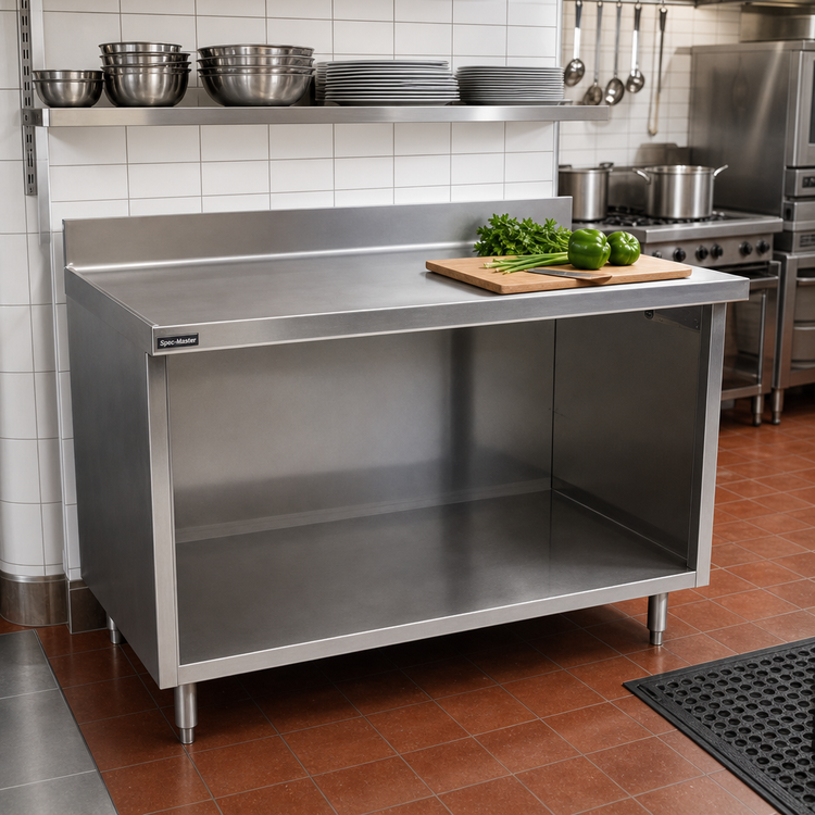 Product image #2 for Spec-Master Marine Series 84-Inch x 30-Inch Stainless Steel Work Table with Open-Front Cabinet Base and 1-1/2-Inch Rear Up-Turn