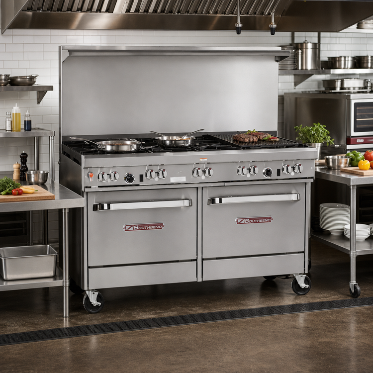 Product image #2 for Southbend Ultimate 60-Inch Gas Restaurant Range with 5 Burners, 24-Inch Charbroiler, Standard Oven, and Cabinet Base