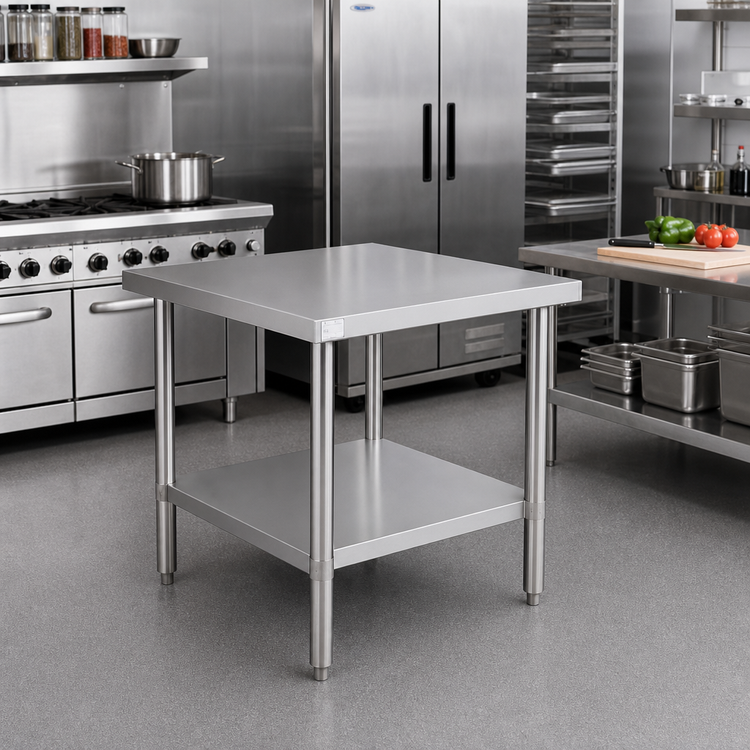 Product image #2 for 30 x 30 Inch Square Stainless Steel Flat Top Work Table with Galvanized Legs and Adjustable Undershelf