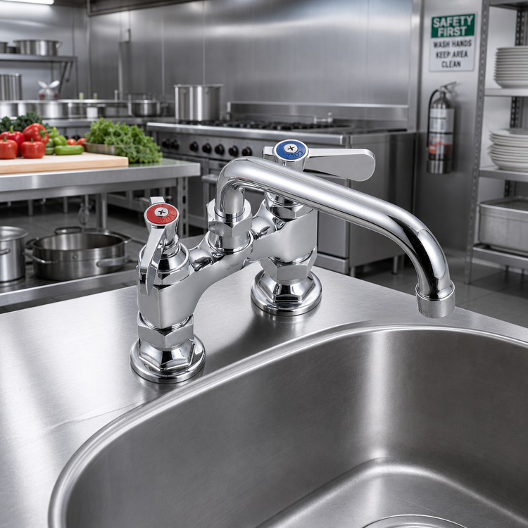 Product image #2 for OptiFlow Heavy Duty Deck Mount Faucet with 18-Inch Double-Jointed Swing Spout, 4-Inch Centers, Chrome Finish
