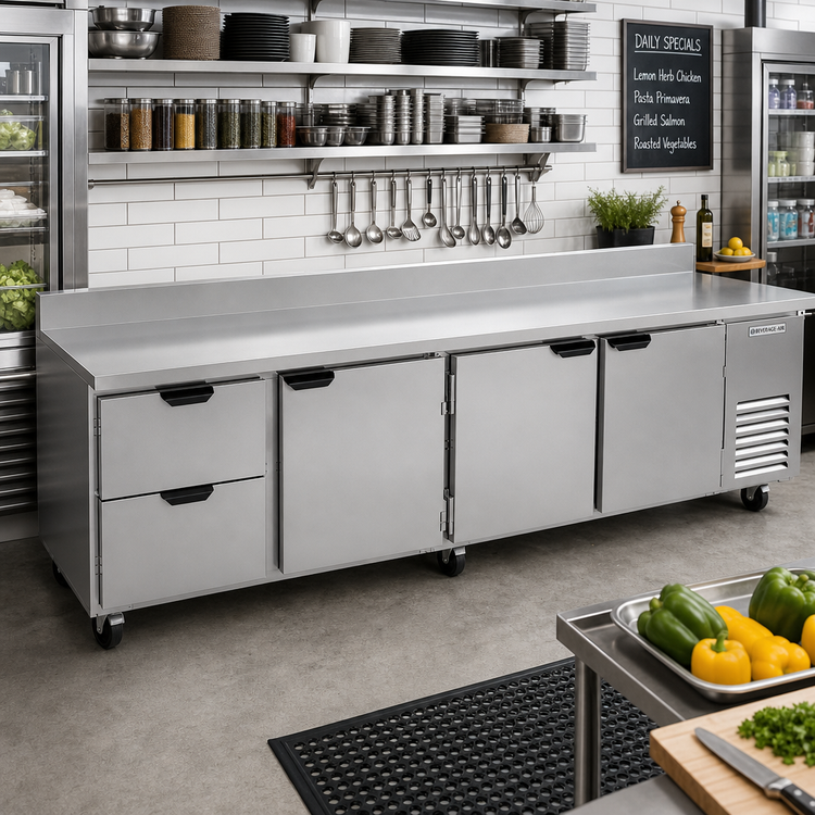 Product image #2 for Beverage-Air 119-Inch Four-Section Worktop Refrigerator with 2 Drawers and 3 Doors