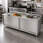 Thumbnail image #2 for John Boos 4CS4R5-24120 Stainless Steel Cabinet Base Work Table with Sliding Doors, 120W x 24D, 14-Gauge 300-Series Top, 5-Inch Backsplash