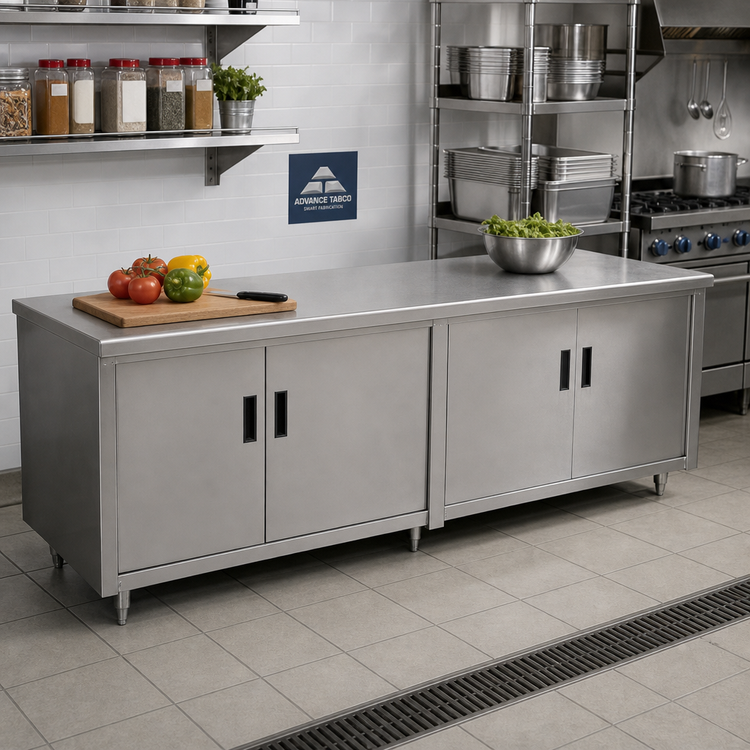 Product image #2 for Advance Tabco Special Value Series Enclosed Work Table with Cabinet Base, Hinged Doors, 96 x 24 Inches, 304 Stainless Steel Top