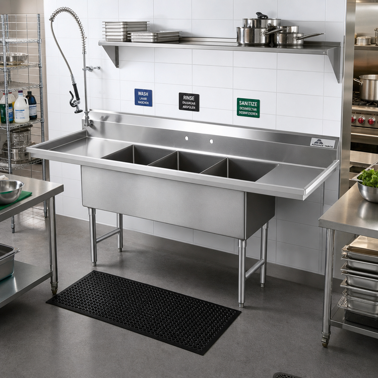 Product image #2 for Advance Tabco 3-Compartment Fabricated Sink with Left and Right Drainboards, 108-Inch, 304 Stainless Steel