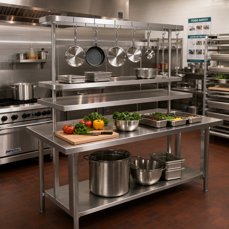 Product image #2 for Advance Tabco AUR-72 Adjustable Table-Mounted Stainless Steel Utensil Rack with 9 Plated Pot Hooks, 72 Inch