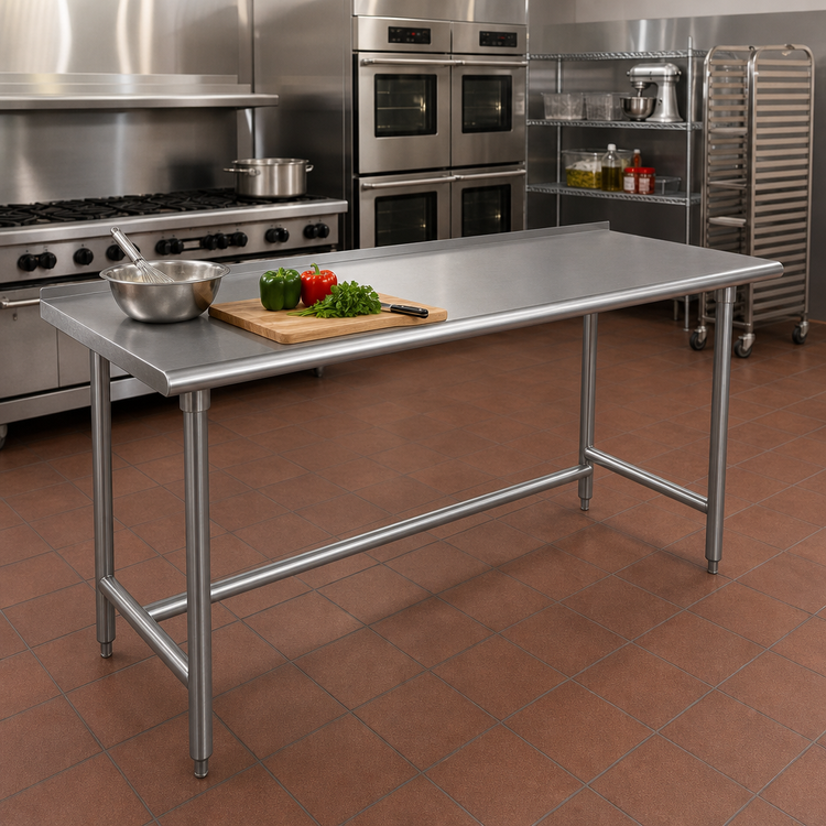 Product image #2 for Advance Tabco 84-Inch x 24-Inch 16-Gauge 304 Stainless Steel Work Table with 1-1/2-Inch Rear Up-Turn and Galvanized Open Base