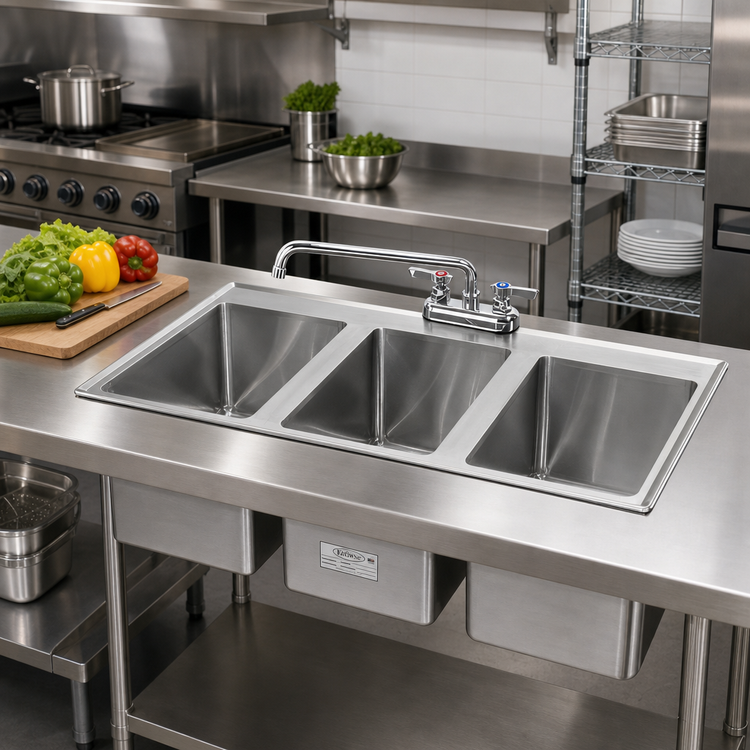 Product image #2 for Krowne 36 Inch Three-Compartment Stainless Steel Drop-In Sink with Included 12 Inch Spout Faucet