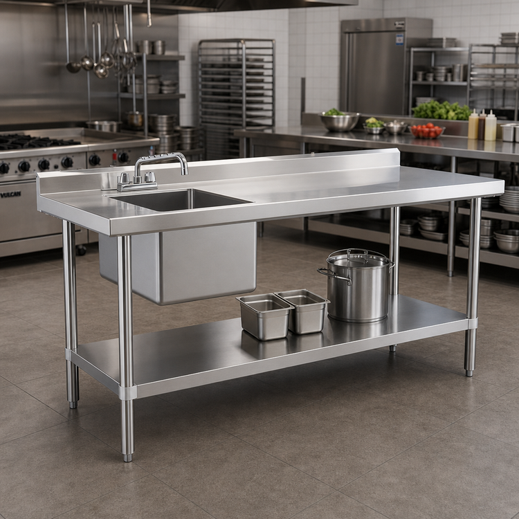 Product image #2 for Steel Works Stainless 72-Inch x 30-Inch Stainless Steel Sink Table with Single Bowl, Backsplash, and Undershelf