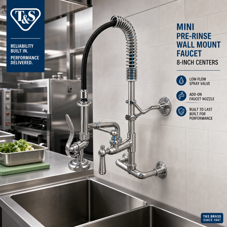 Product image #2 for T&S Brass Mini Pre-Rinse Wall Mount Faucet with 8-Inch Centers, Low-Flow Spray Valve and Add-On Faucet Nozzle