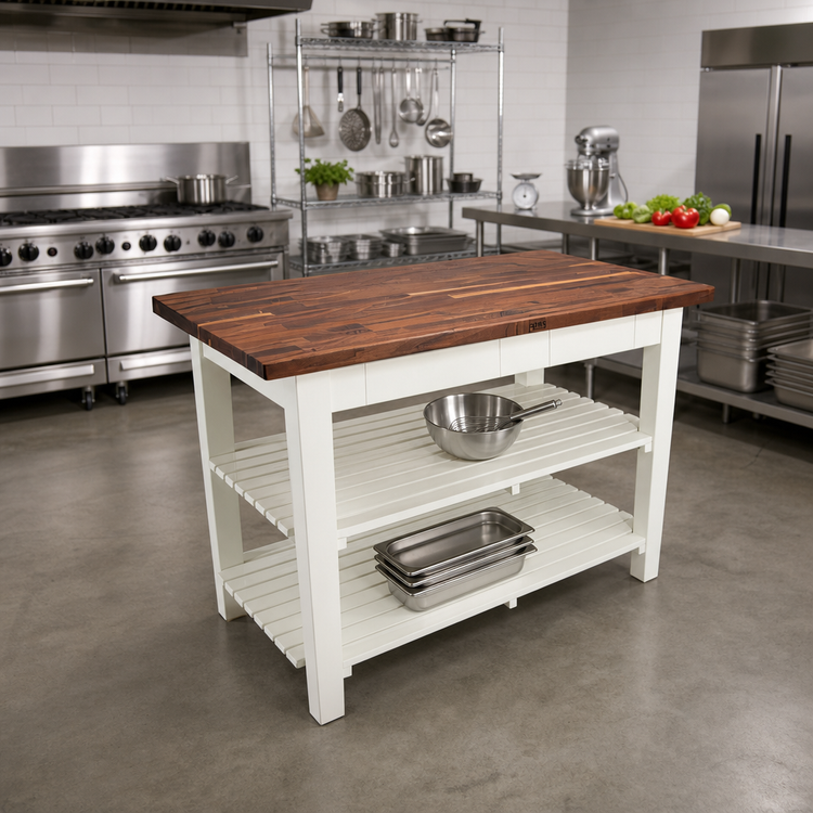 Product image #3 for John Boos 60" x 25" Blended American Black Walnut Wood Top Work Table with Painted Base, 2 Slatted Undershelves and Tapered Legs