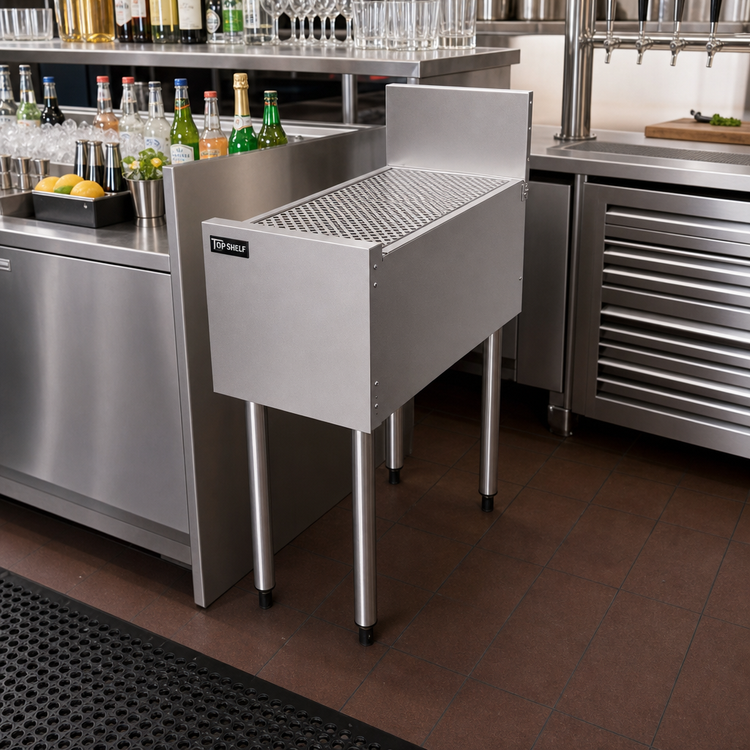 Product image #3 for Top Shelf Freestanding Stainless Steel Pitched Underbar Drainboard with Backsplash, 14 x 24 Inches