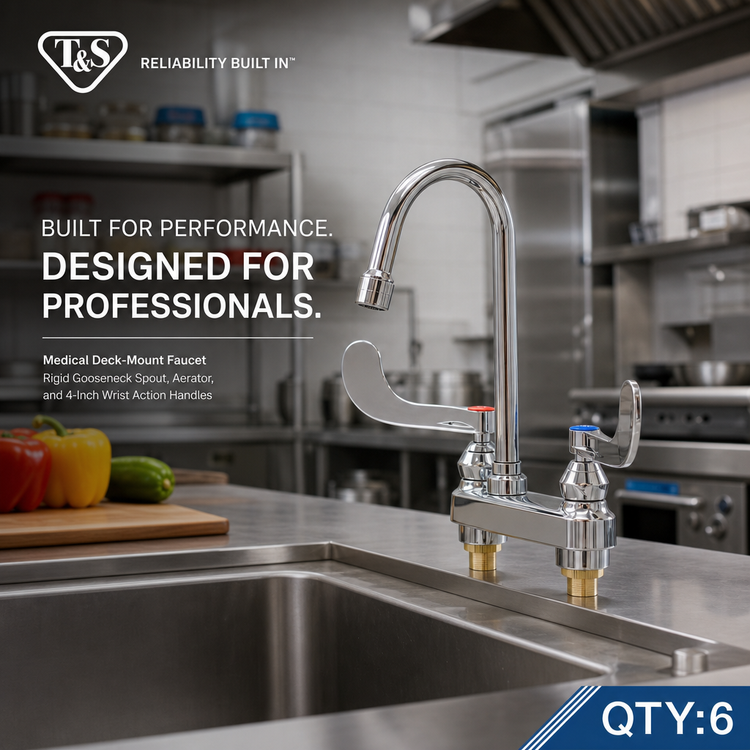 Product image #2 for T&S Brass Medical Deck-Mount Faucet with Rigid Gooseneck Spout, Aerator, and 4-Inch Wrist Action Handles
