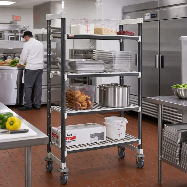 Product image #2 for Cambro Camshelving Elements XTRA High Density Mobile Starter Unit, 18" x 54" x 78-1/4", 4-Tier Vented Shelving, Speckled Gray