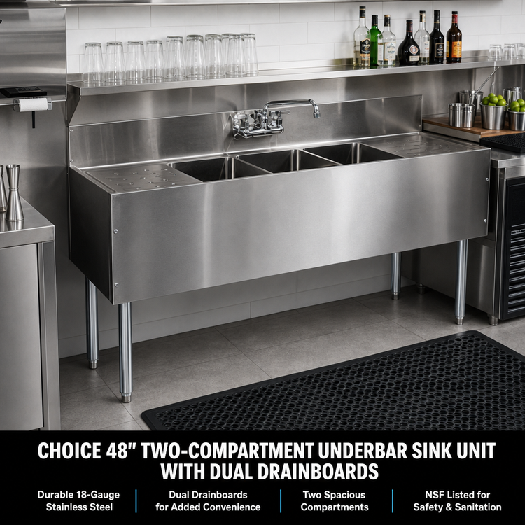 Product image #2 for CHOICE 48-Inch Two-Compartment Underbar Sink Unit with Dual Drainboards