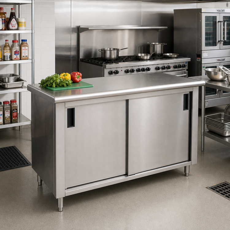 Product image #2 for Advance Tabco Special Value Economy Enclosed Work Table with Cabinet Base, Sliding Doors, 96 x 24 Inches, 16 Gauge 304 Stainless Steel Top