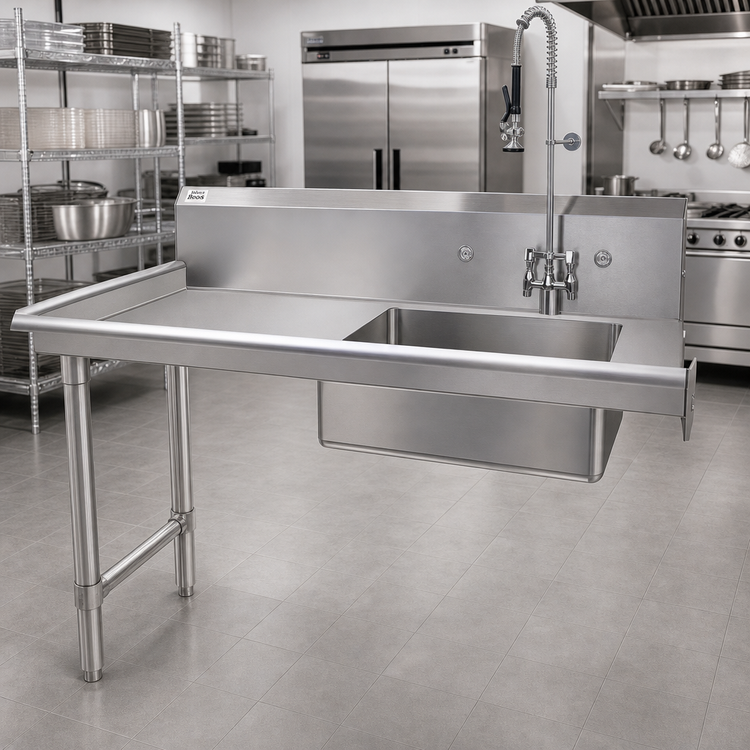 Product image #2 for John Boos 60 Inch Soiled Straight Stainless Steel Dish Table with 20 x 20 x 8 Pre-Rinse Sink, Left-to-Right Operation