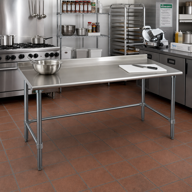 Product image #2 for BlendPort® Deluxe Series 16 Gauge 300 Series Stainless Steel Work Table with Rear Upturn and Galvanized Tubular Base, 60"W x 30"D