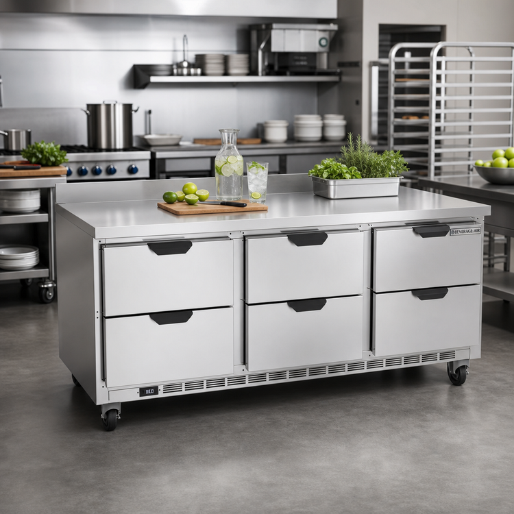 Product image #2 for Beverage-Air 72-Inch Three-Section Drawer Worktop Refrigerator, 6 Drawers, Rear-Mounted Self-Contained R290