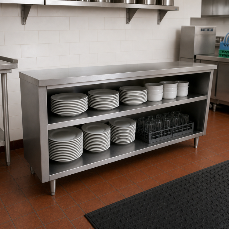 Product image #2 for Advance Tabco Special Value Series 48-Inch Stainless Steel Open Base Dish Cabinet with Mid-Shelf
