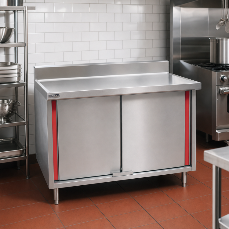 Product image #2 for Eagle Spec-Master Marine Series Enclosed Stainless Steel Work Table with Cabinet Base, Hinged Doors, and Backsplash, 60 x 30 Inch