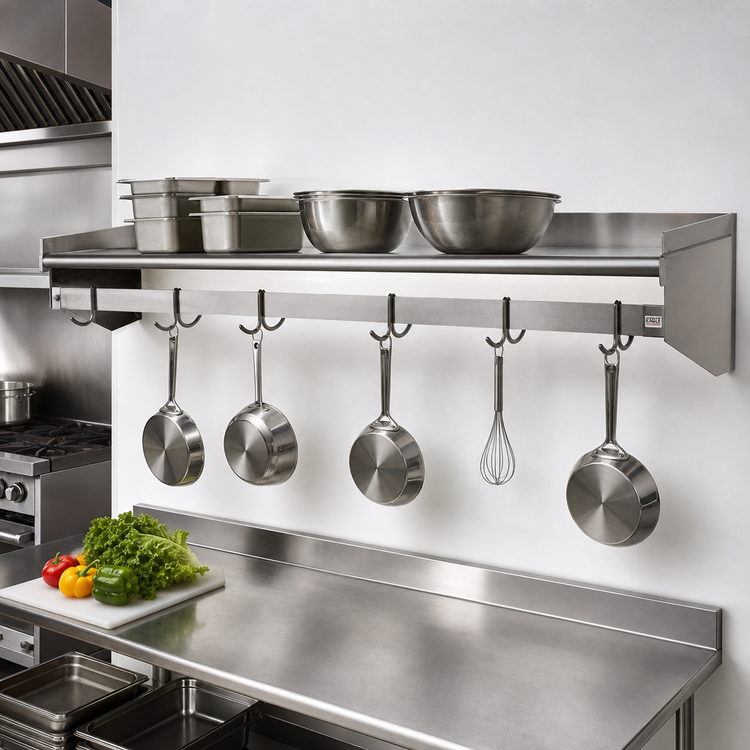 Product image #2 for Eagle Group 132-Inch x 15-Inch Wall-Mounted Stainless Steel Wall Shelf with Pot Rack and Removable Hooks