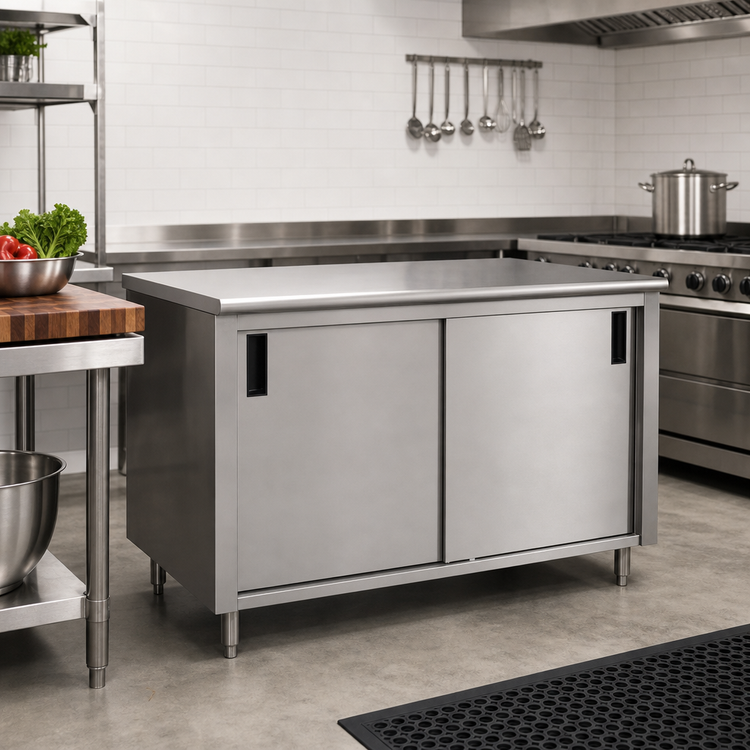Product image #2 for 14-Gauge 304 Stainless Steel Enclosed Work Table with Sliding Doors and Mid-Shelf, 72 x 24 Inches