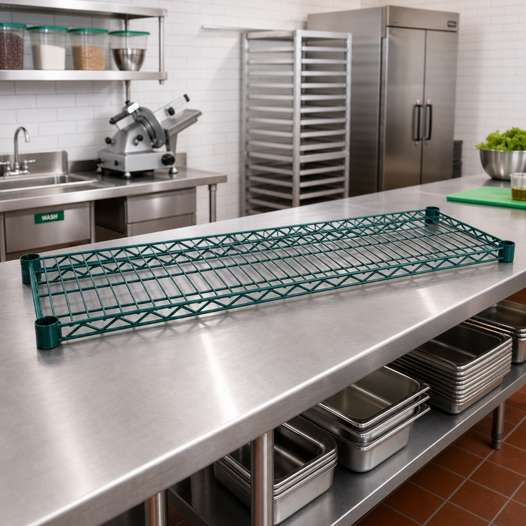 Product image #3 for Advance Tabco Special Value Heavy-Duty Green Epoxy Coated Wire Shelf, 72" x 14"