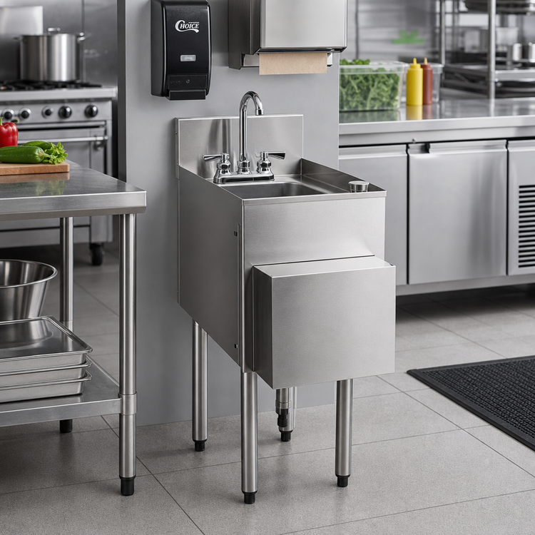 Product image #2 for Choice Free-Standing Underbar Hand Sink Unit with Gooseneck Faucet, Soap Dispenser & Towel Dispenser, 12-Inch Wide