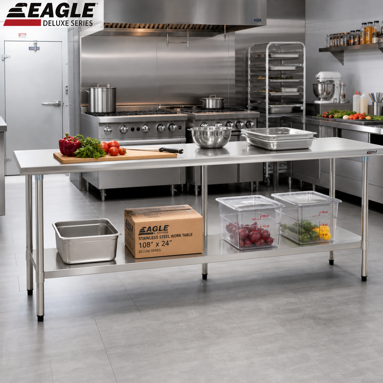 Product image #2 for Eagle Deluxe Series 108-Inch W x 24-Inch D Stainless Steel Work Table with Adjustable Undershelf