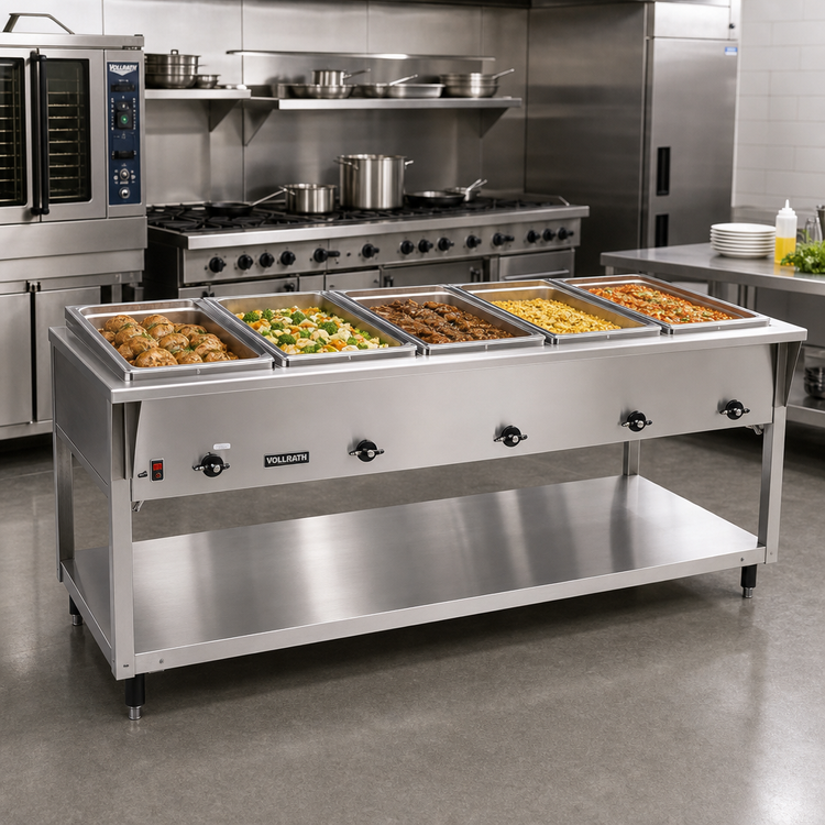 Product image #2 for Vollrath ServeWell SL 5-Well Electric Hot Food Table with Undershelf, Drains, and Adjustable Legs, 76-Inch