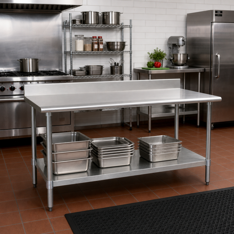 Product image #2 for BlendPort® Deluxe Series 72 x 24 Inch 16 Gauge 300 Series Stainless Steel Work Table with Backsplash and Adjustable Undershelf