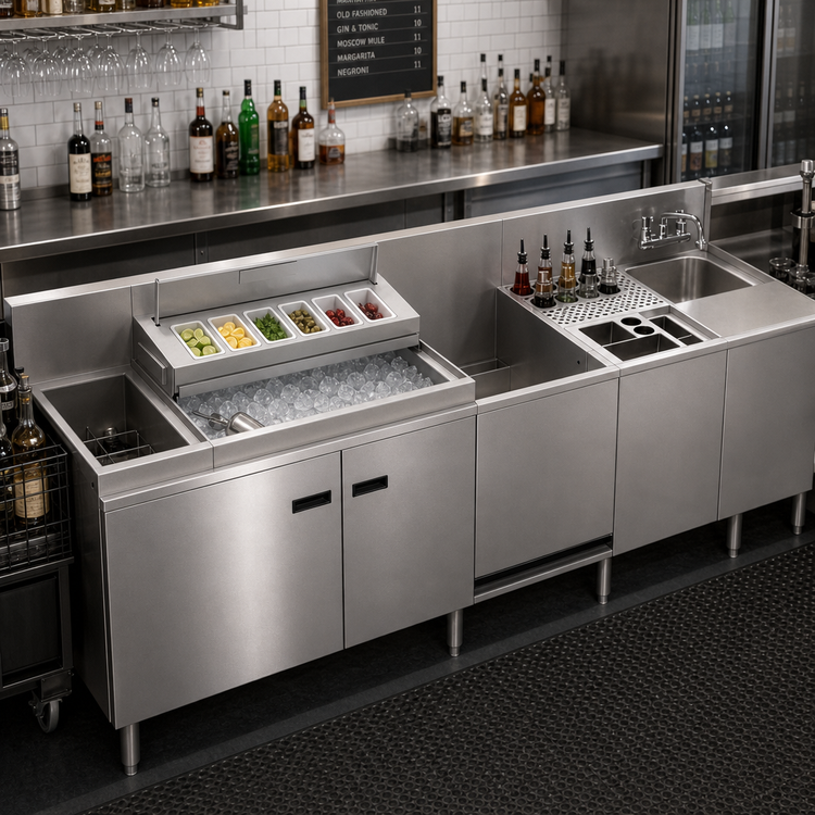 Product image #2 for 72-Inch Underbar Hand and Dump Sink Workstation with Elixir Well, Ice Bin, Liquor, Tool Caddy, and Cabinet Below
