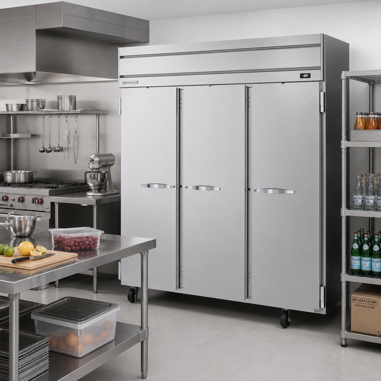 Product image #2 for Beverage-Air Horizon Series Three-Section Reach-In Freezer, 78" W, Top-Mounted Self-Contained, Solid Doors, 69.1 Cu. Ft.