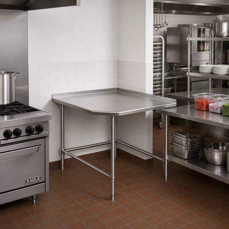 Product image #2 for Eagle Group Budget Series 30-Inch x 30-Inch Corner Work Table with 430 Stainless Steel Top and 1-1/2-Inch Rear Up-Turn
