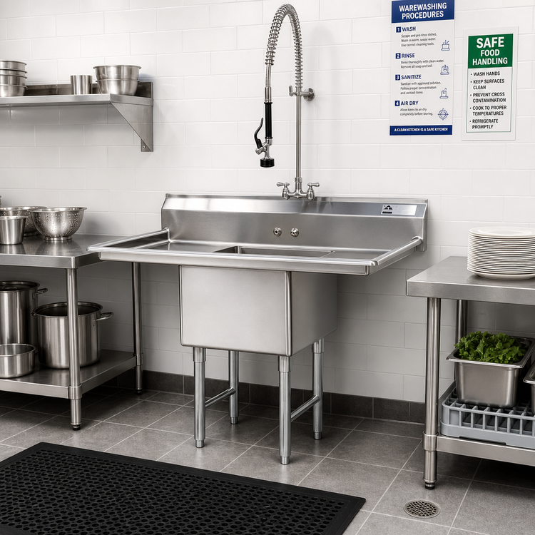 Product image #2 for Advance Tabco Fabricated 1-Compartment Sink with Left and Right Drainboards, 18 x 24 x 14 Bowl, 16-Gauge 304 Stainless Steel