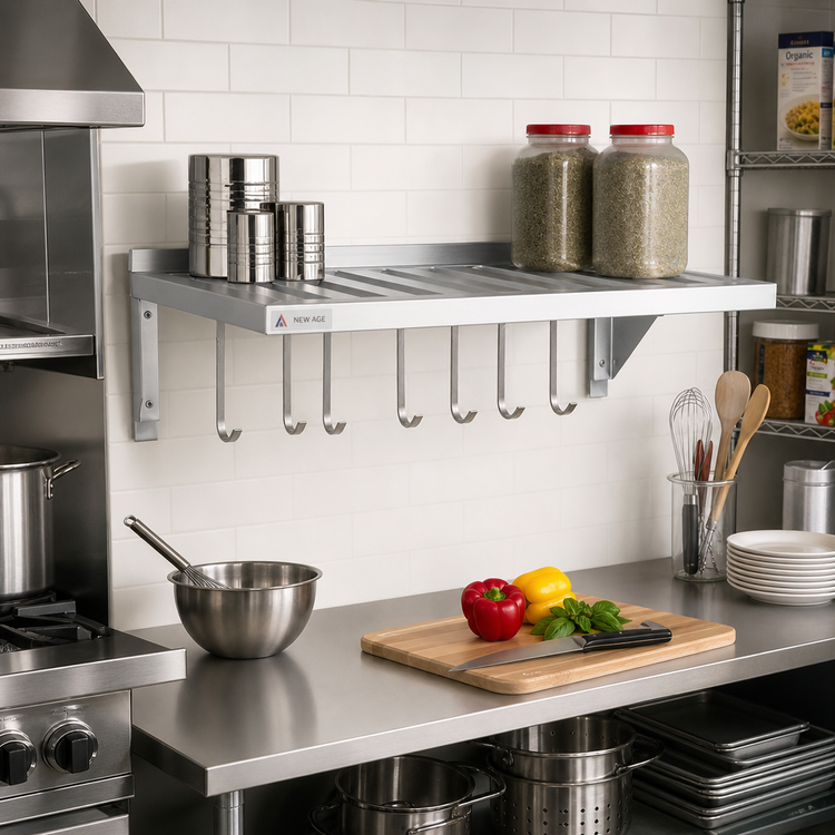 Product image #2 for New Age 1122PR T-Bar Wall-Mounted Aluminum Pot Rack Shelf, 48" W x 20" D, 600 lb Capacity