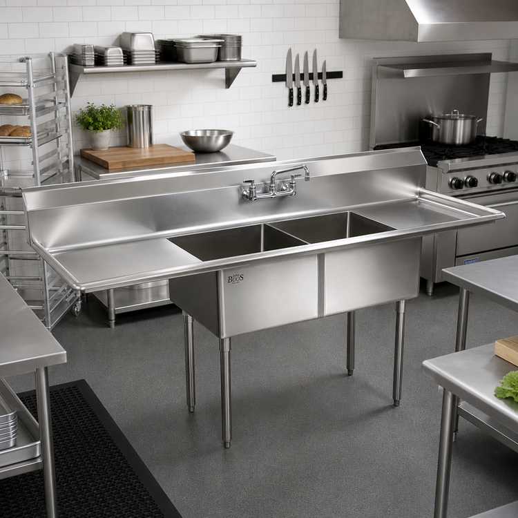 Product image #2 for John Boos E-Series 2-Compartment Sink with Left & Right Drainboards, 68 Inch Wide, 12 Inch Deep Bowls