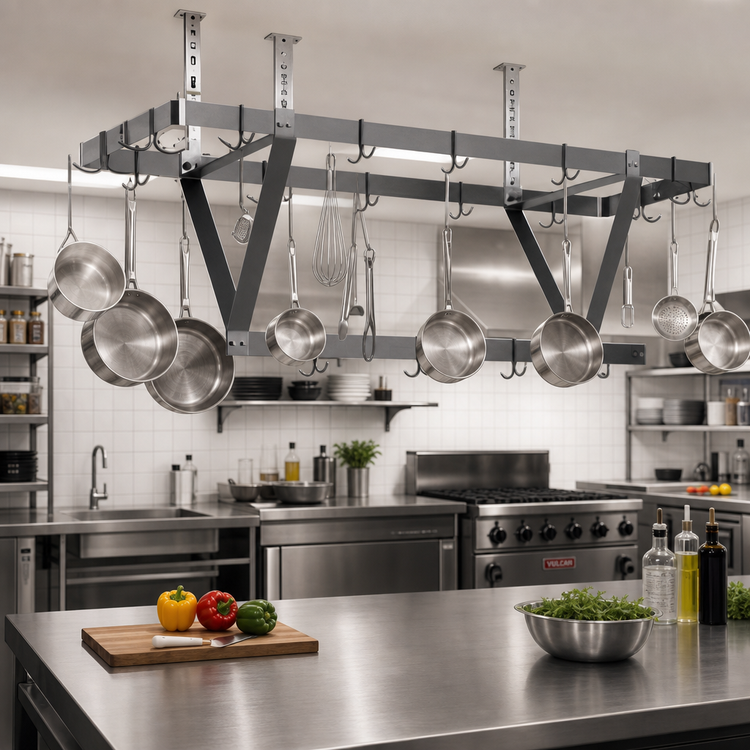 Product image #2 for Eagle Group Ceiling-Mounted Triple-Bar Aluminum Pot Rack with 18 Hooks, 64 x 20 x 18 Inches