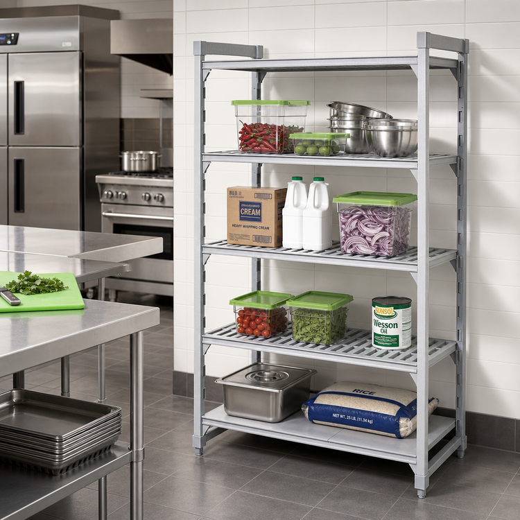 Product image #3 for Cambro Camshelving Premium 4-Tier Stationary Starter Shelving Unit, 18 x 36 x 64 Inches, 3 Vented and 1 Solid Shelf Plates, Speckled Gray