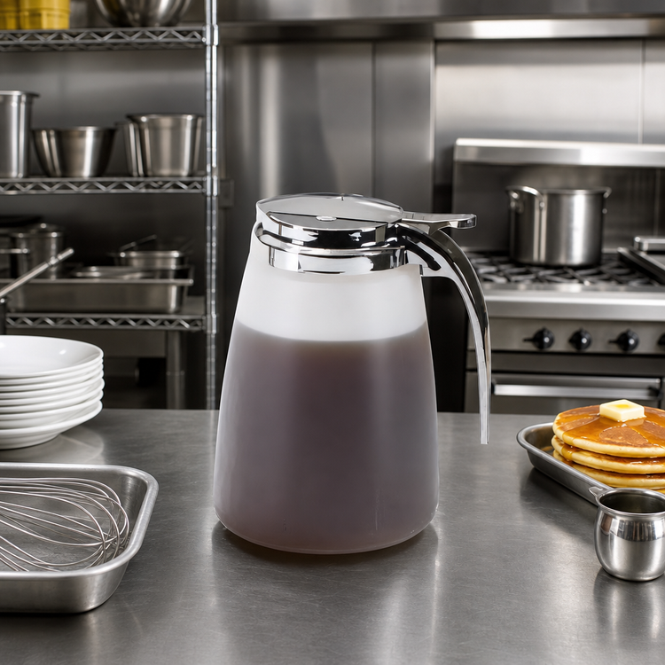 Product image #2 for Dripcut® 48 oz Tabletop Syrup Dispenser with White Polyethylene Jar and Chrome Plated Top
