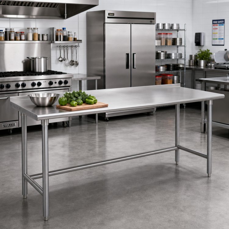 Product image #2 for Advance Tabco 144-Inch x 36-Inch 16-Gauge 430 Stainless Steel Open Base Work Table with 1-1/2-Inch Rear Up-Turn