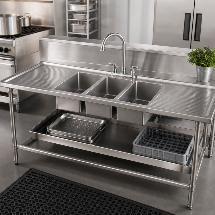Product image #2 for Three-Compartment 10 in. x 14 in. Drop-In Sink with Double Drainboards and Lead-Free Faucet
