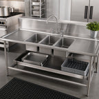 Thumbnail image #2 for BK Resources BK-DIS-1014-3-18T-PG Three-Compartment 10 x 14-Inch Drop-In Stainless Steel Sink with Double Drainboards and Lead-Free Faucet