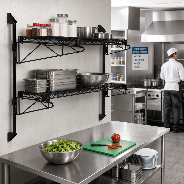 Product image #2 for Quantum Cantilever Double-Shelf Wall-Mount Shelving Unit, 72 x 18 Inches, Black Epoxy Antimicrobial Finish