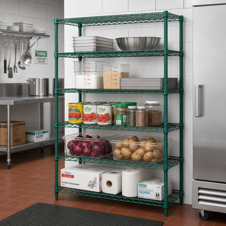 Product image #2 for Quantum 5-Shelf Wire Shelving Starter Kit, 42 x 12 x 54 Inches, Stationary, Green Epoxy Finish