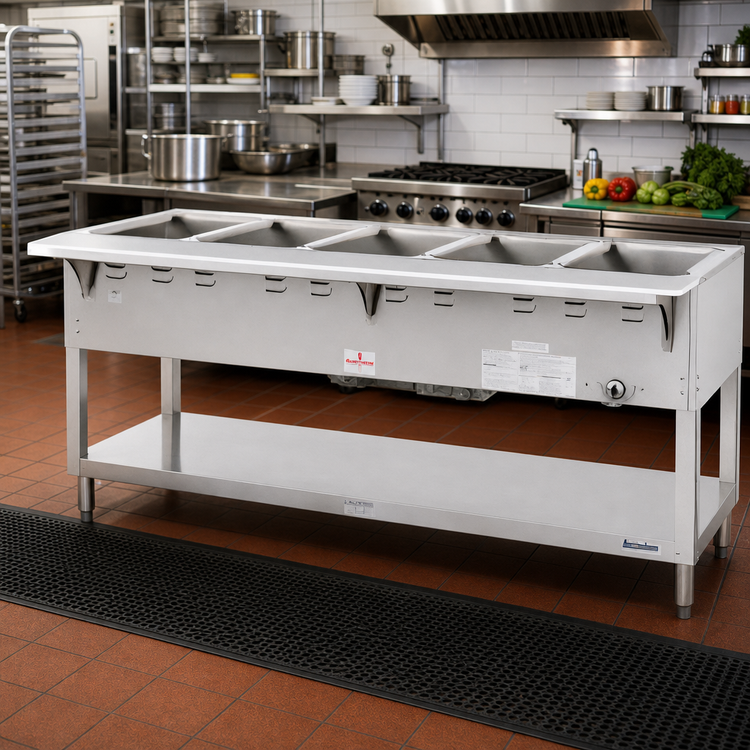 Product image #2 for Aerohot WB305 72-3/8-Inch Gas Wet Bath Steam Table with 5-Pan Capacity, Stainless Steel Top, Open Base and Undershelf