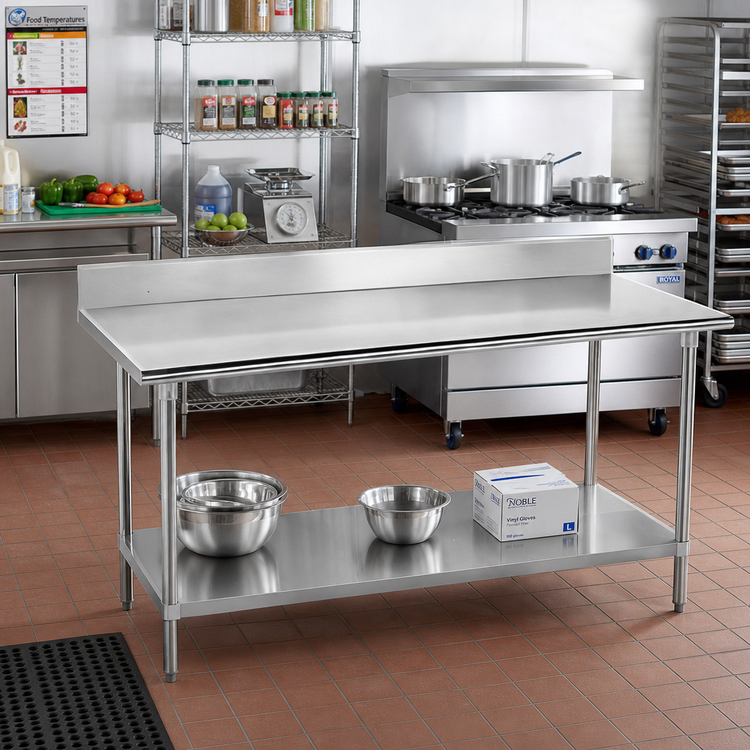 Product image #2 for Advance Tabco KSS-367 84-Inch x 36-Inch 14-Gauge 304 Stainless Steel Work Table with 5-Inch Backsplash and Adjustable Undershelf
