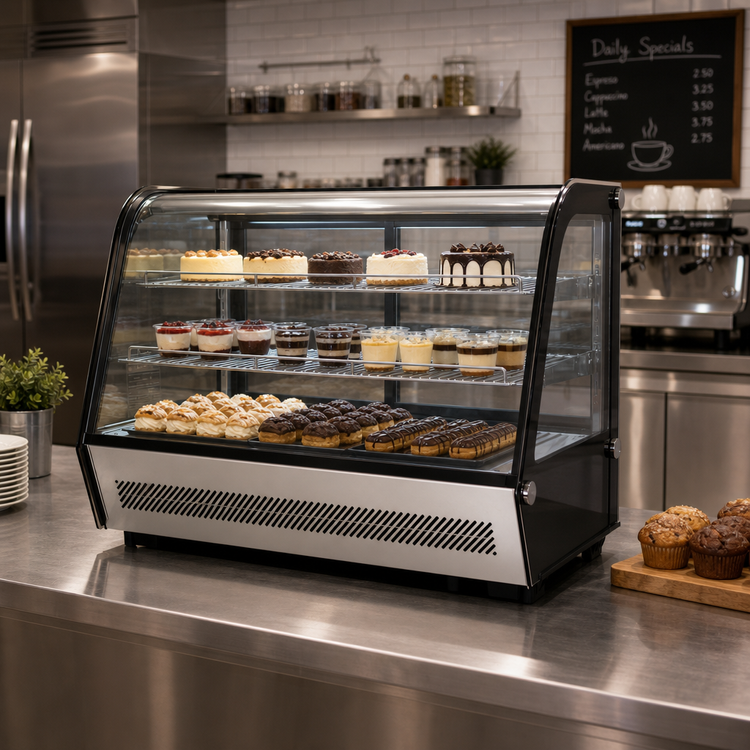 Product image #2 for BakeMax Titan Series 35-Inch Countertop Full-Service Refrigerated Display Case with Curved Front Glass