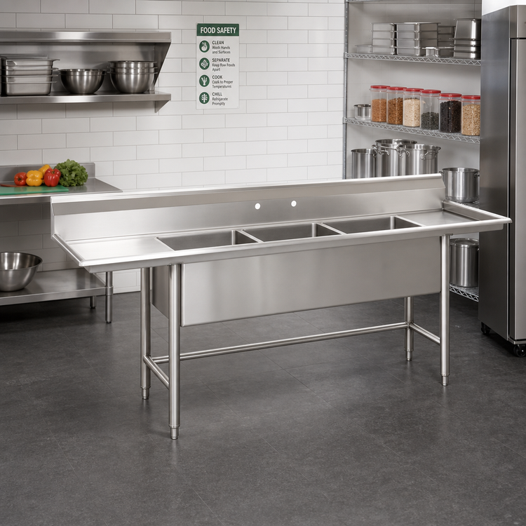 Product image #2 for Eagle Group S14 Series 3-Compartment 304 Stainless Steel Sink with Left Drainboard, 89-1/2W x 27D x 42H