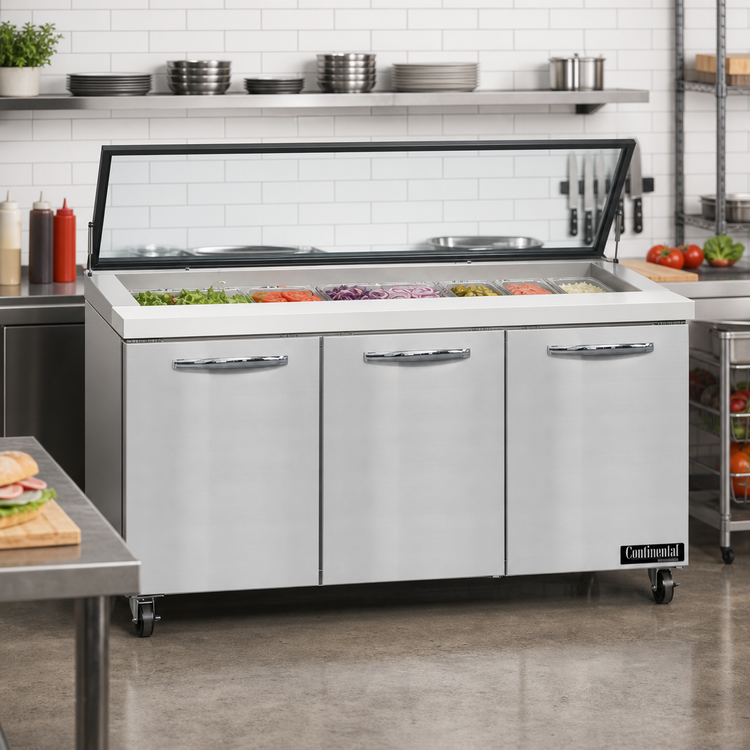 Product image #2 for Continental Refrigerator SW72N30M-HGL Mighty Top 72" Three-Section Sandwich Unit with Hinged Glass Lid